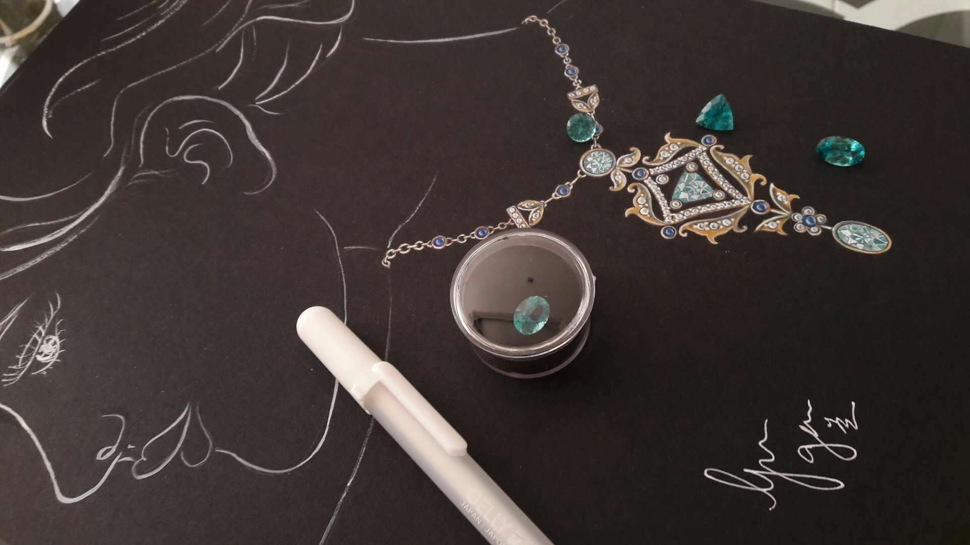 Hand-rendered gouache sketch of a gemstone necklace design by Gan Soek Lan, with loose sapphires and emeralds beside the drawing